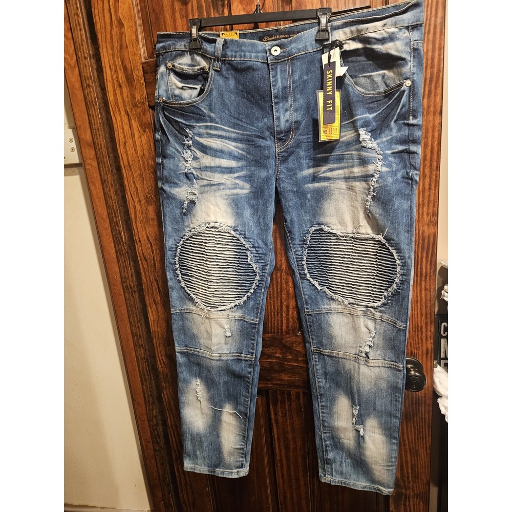 Bleecker and Mercer Mens Skinny Fit Distressed Moto Jeans 42x32 Indigo P670